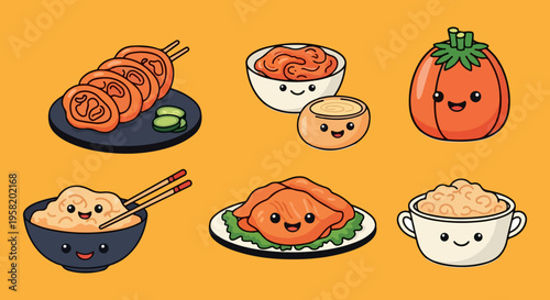 Cute Cartoon Asian Food Vector Set with Kawaii Faces: Rice, Kimchi, Chicken, and Sushi Illustrations