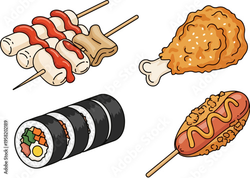 Set of 4 Korean street food illustrations vector: fish cakes, fried chicken, kimbap, corn dog