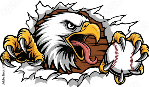 Aggressive Eagle Mascot Ripping Through Background Holding Baseball Vector Illustration