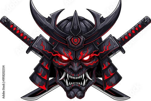 Fierce Samurai Warrior Mask and Helmet with Crossed Katanas Vector Illustration