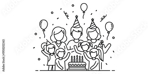 A family celebrating a birthday with a cake and balloons