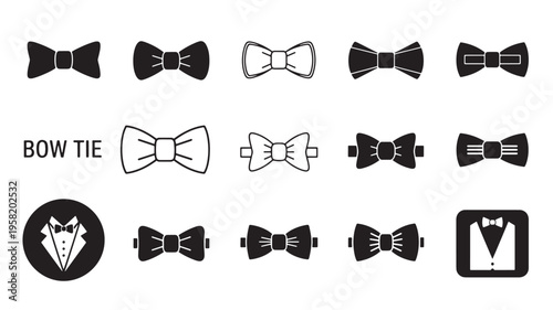 Bow tie icons with classic and modern styles, including solid black, outline, and tuxedo silhouettes for formal attire.