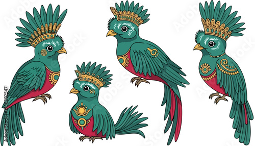 Set of 4 Vibrant Quetzal Birds Vector Illustrations with Ornate Golden Headdresses and Teal Feathers