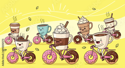 Cute cartoon coffee and hot chocolate cups riding bicycles with donut wheels on a yellow background