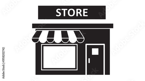 Store building facade with awning, display window, and door, represented as a simple black and white icon for commerce.