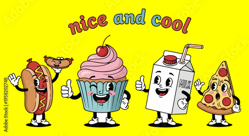 Retro Cartoon Fast Food and Drink Characters Vector Illustration on Yellow Background with Text