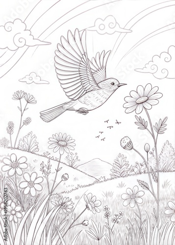 A cute nightingale flying through a blooming meadow, drawn as an outline sketch, only black lines, no colors, simple and clean for a children's coloring book.
