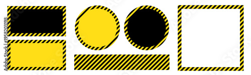 vector illustration: yellow and black caution sign or warning sign frames set in various shape. round, rectangular, stripe and line isolated