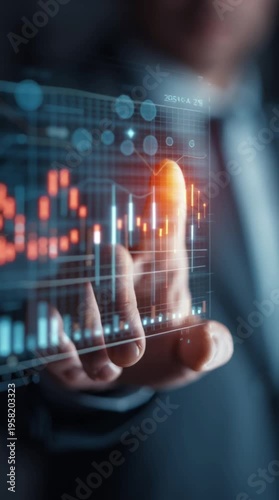 Businessman interacting with virtual financial data display in office, vertical video