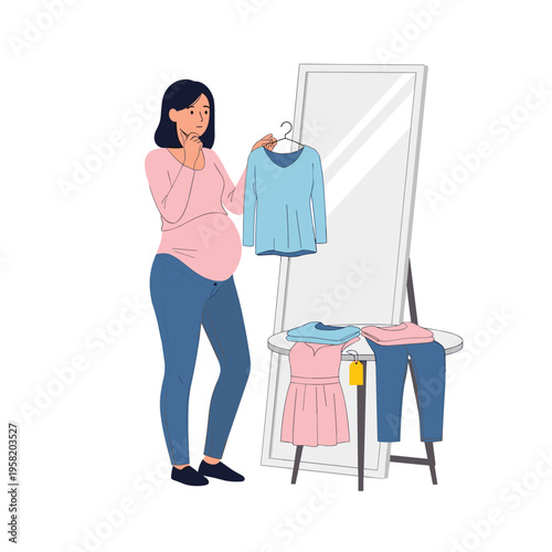 Pregnant woman choosing clothes while looking in mirror at home  