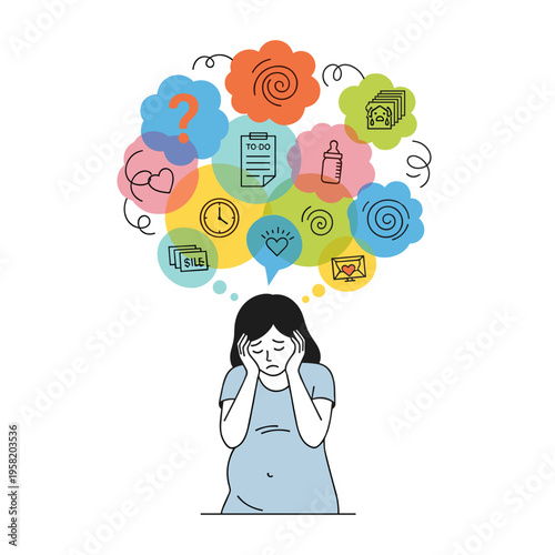 Pregnant woman feeling overwhelmed and stressed by thoughts and emotions  