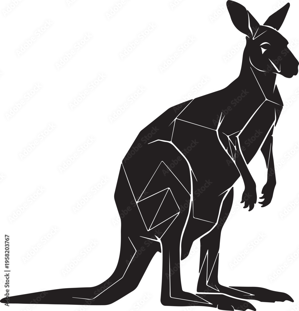 Fototapeta premium Geometric black kangaroo vector illustration with abstract polygonal lines for modern design projects isolated PNG with Transparent Background