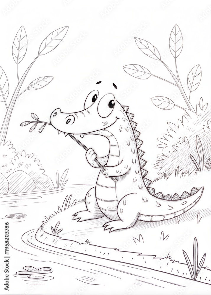 Fototapeta premium Cute Crocodile Outline Sketch for Coloring Book 