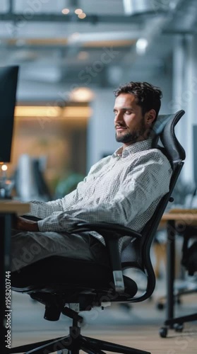 Young man sitting in ergonomic chair while working on computer in office, vertical video 