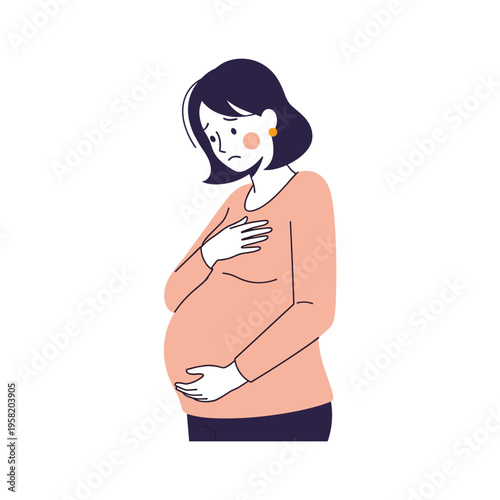 Pregnant woman looking concerned while touching her belly at home  