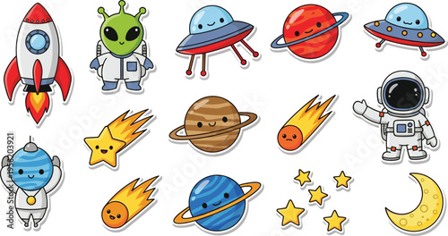 Cute Space Cartoon Sticker Set with Rocket, Alien, Astronaut, Planets, UFO, Stars, and Meteors Kawaii Style Vector Illustration Collection