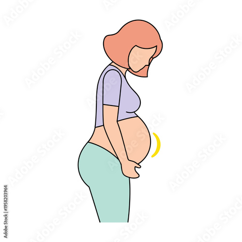 Pregnant woman gently touching her belly while standing in profile  