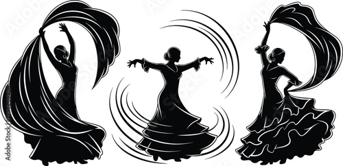 Elegant black silhouettes of flamenco dancers in traditional dresses with flowing shawls isolated on white background for Spanish culture design