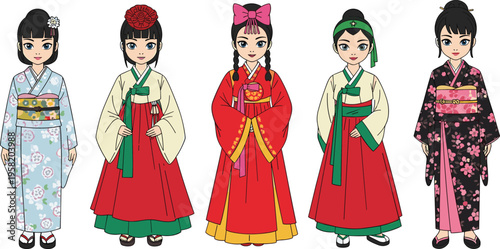 Traditional Asian Clothing Character Set with Japanese Kimono and Korean Hanbok Dresses Cultural Fashion Women Vector Illustration Collection