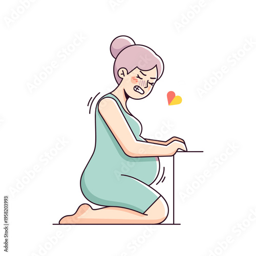 Pregnant woman experiencing labor pain while kneeling at table  