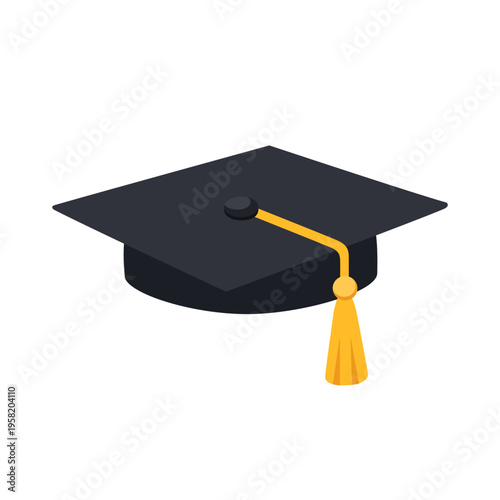 Graduation mortarboard cap in a low angle perspective. Black student hat with yellow tassel isolated on white.