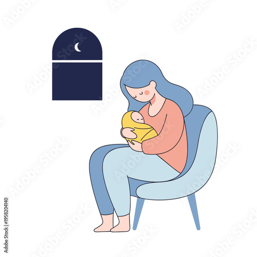 Mother holding newborn baby while sitting in cozy chair at night  