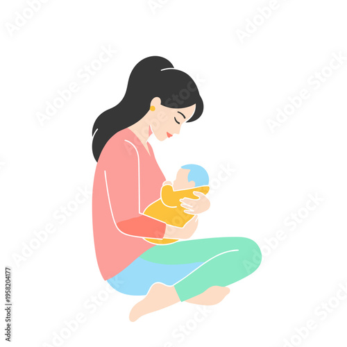 Young mother cradling newborn baby while sitting on the floor  