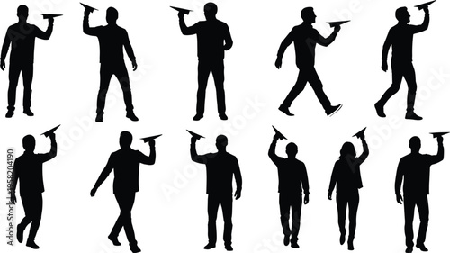 Black silhouettes of people holding and throwing paper planes isolated on white background for business startup and creative idea concepts