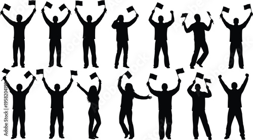 Black silhouettes of people holding flags and cheering in various poses isolated on white background for sports fans and celebrations