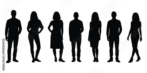 Seven human silhouettes standing in a row on white background