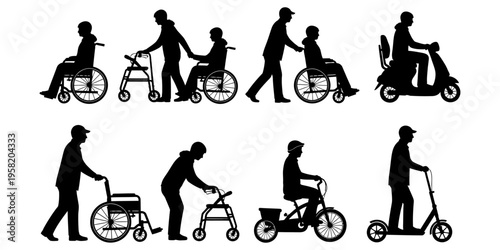 Silhouette illustrations of people with mobility aids and their caregivers