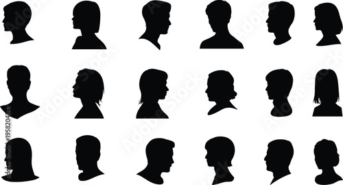 Collection of black silhouettes showing various human head profiles and faces isolated on white background for user avatars and icons