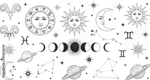 Astrology and Celestial Symbol Set with Zodiac Signs, Moon Phases, Sun, Stars, and Constellations Hand Drawn Vector Illustration Collection