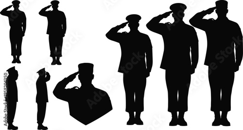 Black silhouettes of soldiers and military officers saluting in various poses isolated on white background for patriotic and memorial designs