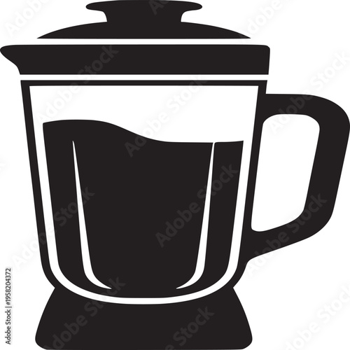 A black and white graphic illustration of a blender with liquid inside on a white background space