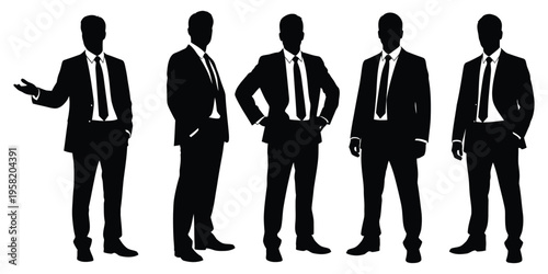 Silhouettes of five businessmen in formal attire standing in a row