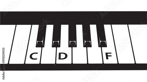 Piano keys with musical notes C, D, and F displayed on white keys for educational purposes featuring keyboard, C note, D note with F note and music
