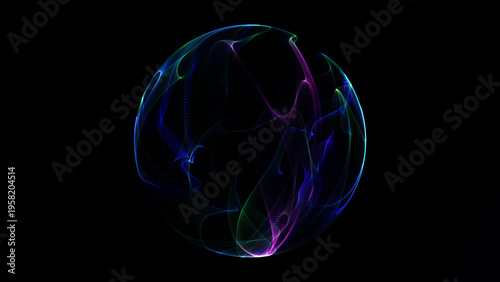 Abstract multicolor glowing energy sphere with dynamic neon plasma lines and flowing digital particles, futuristic sci fi orb on dark background with smooth seamless loop animation 4K