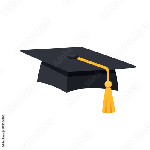 Graduation mortarboard cap in a low angle perspective. Black student hat with yellow tassel isolated on white.