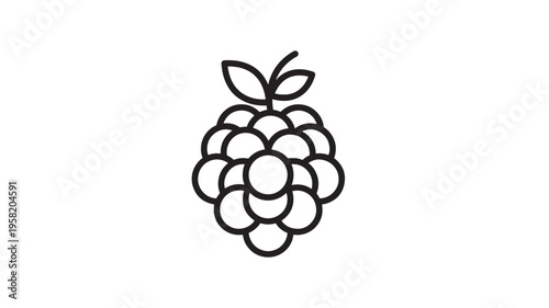 Raspberry icon with simple black line art and a stem with two leaves on a white background. featuring berry, fruit, food with symbol and outline