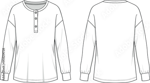 Long sleeve henley shirt technical sketch vector for fashion tech pack with drop shoulder button placket front and back view