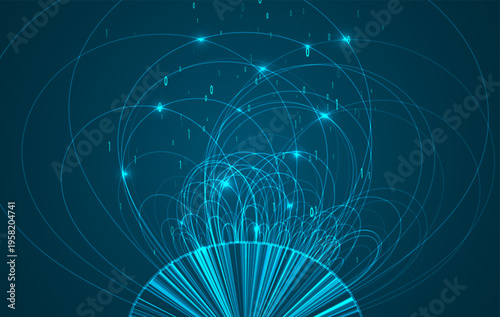 Futuristic digital technology background with circular lines and binary code. Graphic concept for your design
