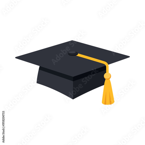 Academic graduation cap turned to the left. Black mortarboard hat with yellow tassel isolated on white.