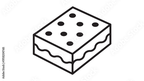 Sponge cake slice with chocolate chips in a minimalist isometric line art illustration style, perfect for baking and dessert icons.