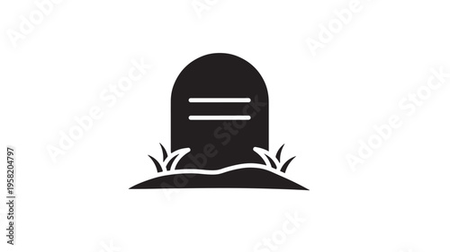 Tombstone simple icon with a rounded top and two horizontal lines, standing on a mound of earth with grass blades.