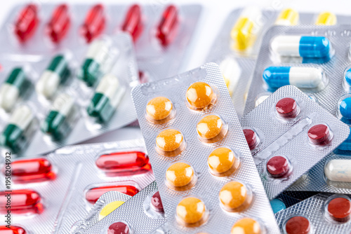 Variety of medicines and drugs.Medicine and healthcare concept.Variety of medicines and drugs.Medicine and healthcare concept.Pill for the prescription and treatment various diseases chemistry