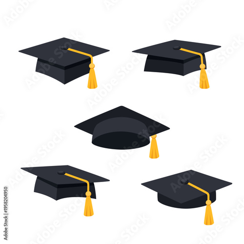 Graduation caps set with yellow tassels. Academic hats in different angles for student ceremony illustration isolated on white.