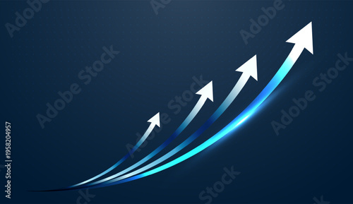 A series of white arrows curve sharply up, symbolizing rapid innovation and market Growth Vector, and technology is represented by these glowing paths, illustrating