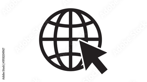 Globe icon with cursor pointer indicating internet access and global connection symbolized by black lines and arrow.