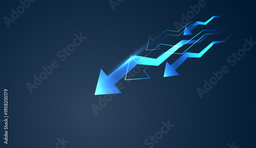 Several bright blue arrows point Down, illustrating a sudden shift in Finance and Business trends concepts and the digital visualization uses arrows to show a downward